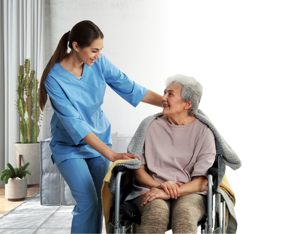 aide looking at the senior woman